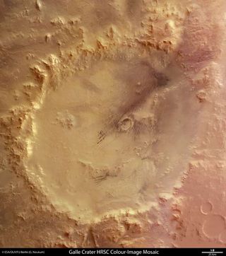 A close-up view (from above) the Martian Happy Face, Crater Galle, in false-color.
