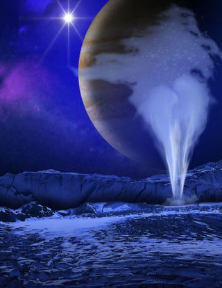 An artist's illustration of Jupiter's icy moon Europa, with a water geyser erupting in the foreground while Jupiter appears as a backdrop.