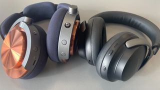 Dyson OnTrac next to Bose QuietComfort Ultra Headphones with close up on controls