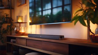 The Denon DHT-S218 underneath a TV on a bench