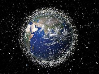 An illustration depicting the cluttered space debris around the Earth.
