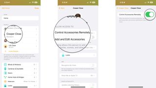How to manage HomeKit remote access permissions in the Home app on the iPhone by showing steps: Tap a Profile Picture or Name, Tap Control Accessories Remotely, Tap the toggle to enable or disable remote access.