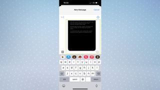 iOS 15 Messages app with copied photo in text field