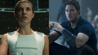 Side-by-side pictures of Millie Bobby Brown and Chris Pratt