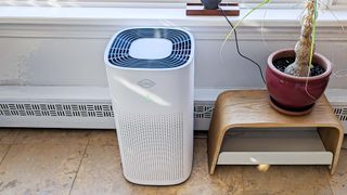 Clorox Large Room True HEPA Air Purifier sitting on living room floor