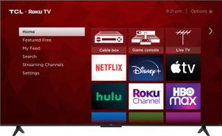 A TCL 4 Series TV on a white background. On screen is the Roku TV interface with apps like Netflix and Disney+ displayed on the home page.