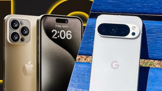 A split image with a rumor-based render of the iPhone 16 Pro on the left and a real-life photo of the Google Pixel 9 Pro on the right