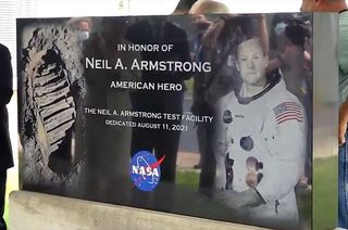 A commemorative outdoor sign was unveiled on Wednesday (Aug. 11) marking the dedication of the Neil A. Armstrong Test Facility at the former Plum Brook Station in Sandusky, Ohio.