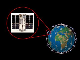 A planned constellation of multiple RAVAN (Radiometer Assessment using VerticallyAligned Nanotubes) satellites would be evenly distributed around planet Earth to measure energy balances in the global atmosphere and monitor climate change.