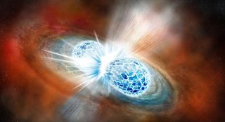 An illustration of two ice-blue orbs smashing together, surrounded by warm reddish dust and gas.