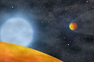 An artist's view of the two Earth-size planets orbiting a star at the end of the star's evolution.