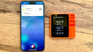 Rabbit R1 vs. Siri on an iPhone weather forecast