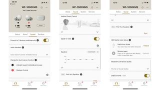 Screenshots of the settings in the Sony Headphones Connect app