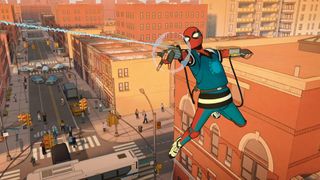 Spider-Man swinging through New York City in Your Friendly Neighborhood Spider-Man