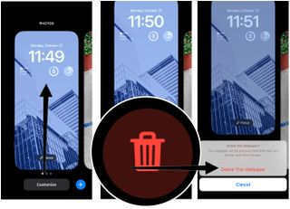 On your Lock screen, hard press, which will bring up the Lock Screen/Wallpaper options on your iPhone. Scroll back or forth to find the combination you wish to delete. Tap the delete button by moving your finger up on the screen. Confirm the deletion by tapping Delete this Wallpaper.