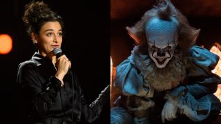 From left to right: Jenny Slate doing stand-up in Jenny Slate: Stage Fright and Pennywise in It.