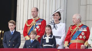 LONDON, ENGLAND - JUNE 15: Prince George of Wales, Prince William, Prince of Wales, Prince Louis of Wales, Princess Charlotte of Wales, Catherine, Princess of Wales and King Charles III on the balcony of Buckingham Palace during Trooping the Colour on June 15, 2024 in London, England. Trooping the Colour is a ceremonial parade celebrating the official birthday of the British Monarch. The event features over 1,400 soldiers and officers, accompanied by 200 horses. More than 400 musicians from ten different bands and Corps of Drums march and perform in perfect harmony.