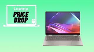 HP Spectre x360 14 2024 on a gradient green background with a Laptop "Price Drop" badge next to it