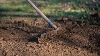 Soil being tilled by a rake