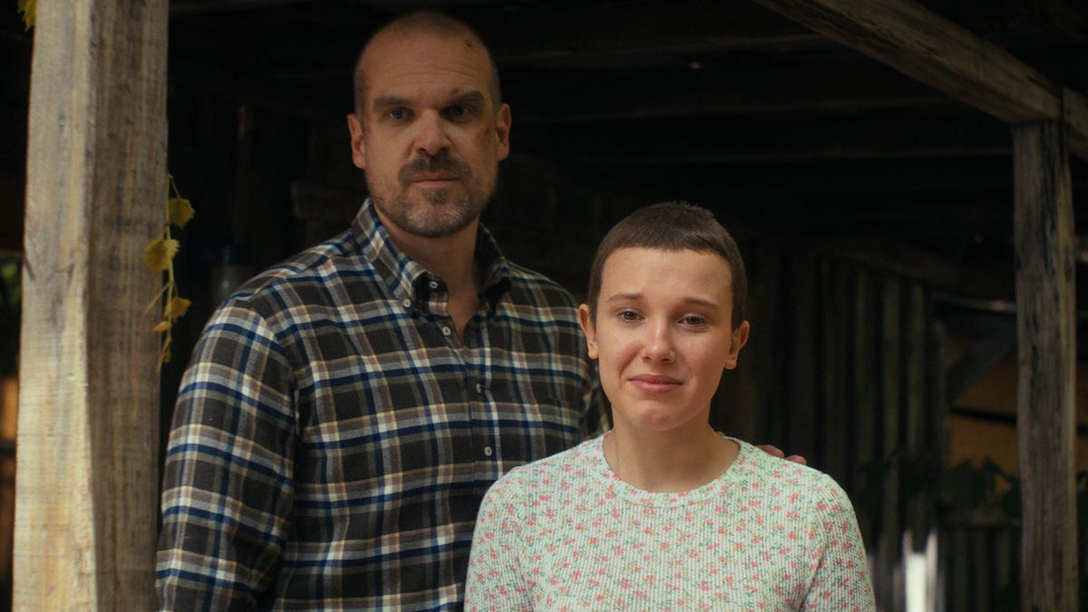 Jim Hopper (David Harbour, left) standing behind Eleven (Millie Bobby Brown) in Netflix&#039;s &quot;Stranger Things&quot; season 4