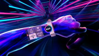 Still from the VR video game Synth Riders. Here we have a close up of a fitness tracker on an arm. It shows the time, heart rate, and level. The background is a cyberpunk-y scene in black, light blue and pink.