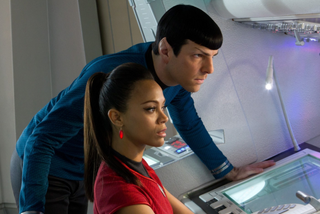 A still publicity image of star-crossed lovers Spock and Uhura from the film “Star Trek: Into Darkness."