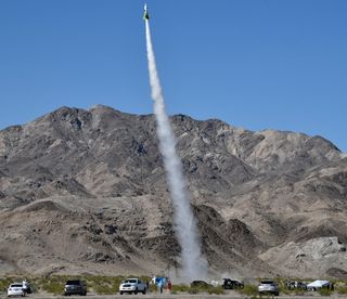 Rocketeer flat-Earther "Mad" Mike Hughes launched his Liberty One rocket on the third attempt Saturday (March 24, 2018) near Amboy, California. 