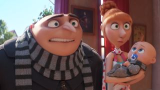 Gru (Steve Carell), Lucy (Kristen Wiig) and Gru Jr. in Despicable Me 4
