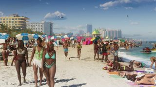 Grand Theft Auto 6 screenshot showing crowds of people and animals on a beach