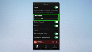 A screenshot from Spotify showing the crossfade feature