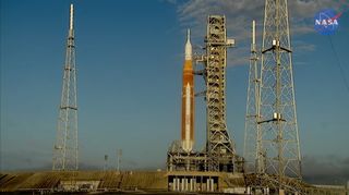 NASA's Artemis 1 Space Launch System moon rocket stands atop Launch Pad 39B at the Kennedy Space Center in Cape Canaveral, Florida during a fueling test on April 3, 2022.