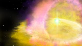 An artist's illustration of a brilliant supernova, the explosive death of a star.
