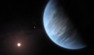 An artist's depiction of an exoplanet with water vapor in its atmosphere.