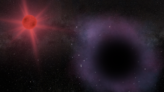 A red glowing sphere next to a purple cloud of smoke with a pitch black center