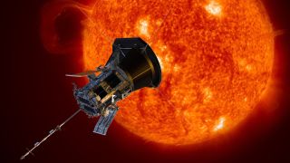 graphic illustration of NASA's Parker Solar Probe approaching the sun which is glowing orange in the background.