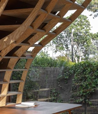 Curving wooden bookshelves in a cabin.