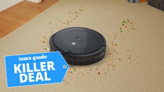 A photo of the Roomba 694 on a carpet with the &quot;Tom&#039;s Guide killer deal tag&quot; overlaid