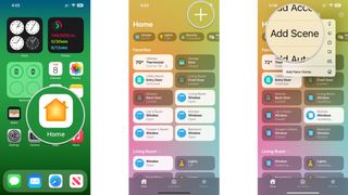 How to create scenes in the Home app on the iPhone by showing steps: Launch the Home app, Tap the Add Button, Tap Add Scene.