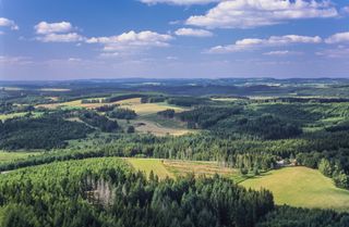 The Millevaches Plateau with rolling countryside and fields with trees and a partly cloudy blue sky.