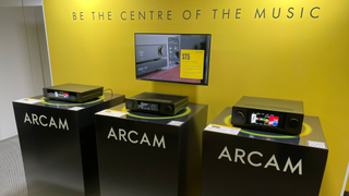 Arcam SA45, Arcam SA35, Arcam ST25 on display against yellow background