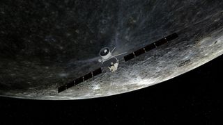 An artist's impression of the BepiColombo spacecraft at Mercury.