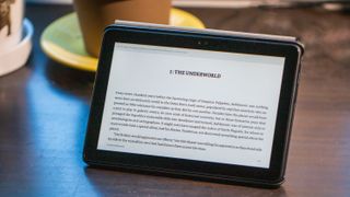 Amazon Kindle app open on Amazon Fire HD 8 (2022) in landscape view