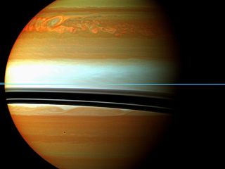 These red, orange and green clouds (false color) in Saturn's northern hemisphere indicate the tail end of a massive storm that started in December 2010. Even after visible signs of the storm started to fade, infrared measurements continued to reveal powerful effects at work in Saturn's stratosphere.