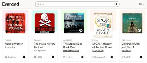 A list of ebooks and audiobooks listed on Scribd&#039;s Everand subscription service homepage