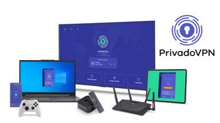 PrivadoVPN running on different devices, including a laptop, TV, tablet and mobile phone, with a console, router and Apple TV remote also in the image