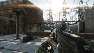 First person gameplay in Escape From Tarkov, a combatant levels a rifle on a sunny day