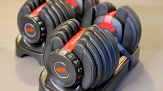 BowFlex SelectTech 552i best adjustable dumbbells in their storage trays