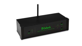 A black McIntosh MB25 Bluetooth receiver on a white background. On screen are the words 'McIntosh MB25 Bluetooth receiver' in green.