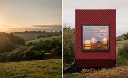 Close up exterior and long shot showing the Bide cabin in Dorset among green rolling hills, part of our selection of tiny homes