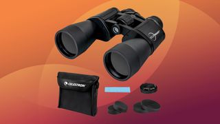 Celestron solar binoculars on an orange background